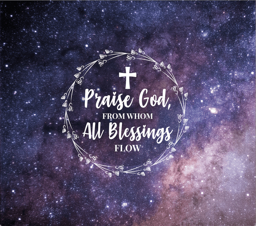 Stainless steel tumbler with floral wreath design and 'Praise God' quote
