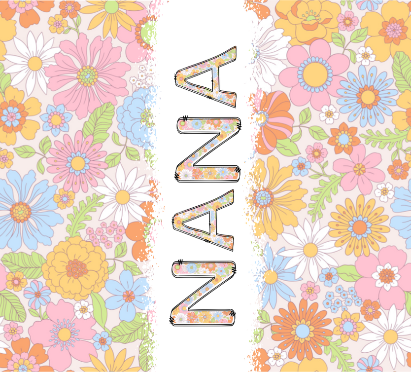 Floral tumbler wrap design with black band and white lettering
