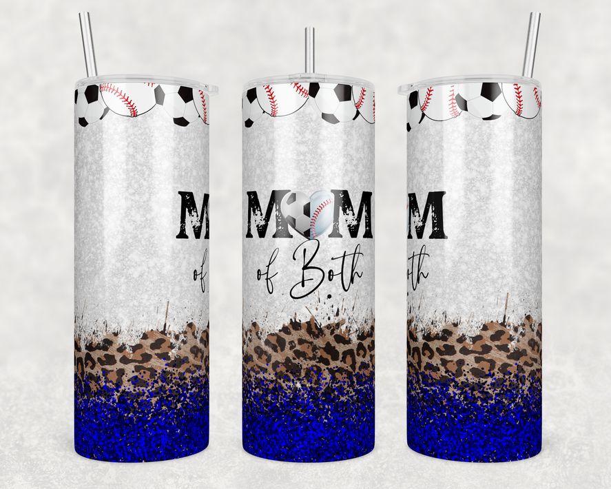 Stainless steel tumbler with baseball graphic, leopard print, and blue glitter-style lower section