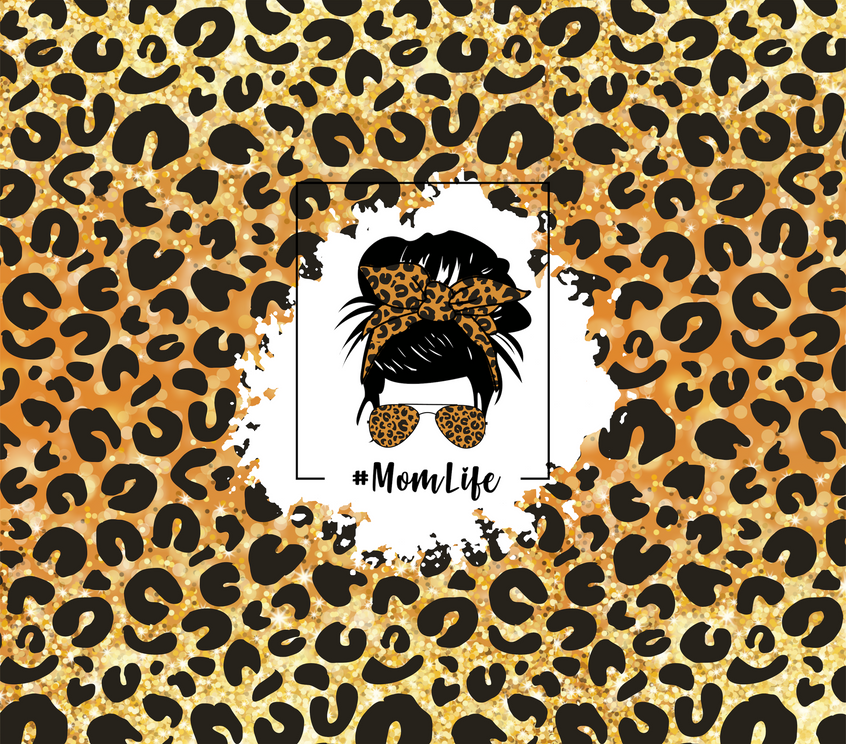 Leopard print stainless steel tumbler with #MomLife graphic