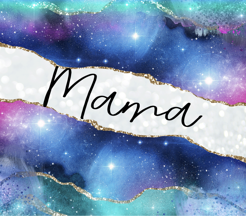 Stainless steel tumbler with “Mana” script graphic on a glittery galaxy design