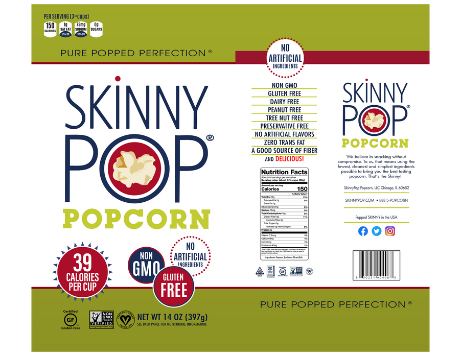 SkinnyPop popcorn package with No artificial and gluten-free labels