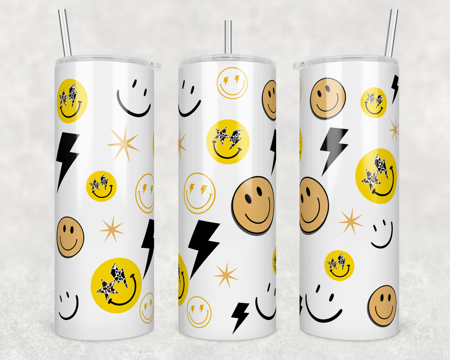 White stainless steel tumbler with yellow smiley, star, lightning, and smile graphics; includes lid