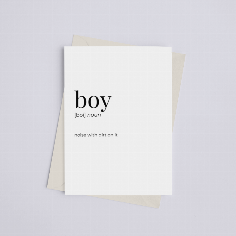Boy greeting card stacked with kraft envelope, 'boy' text on white cover