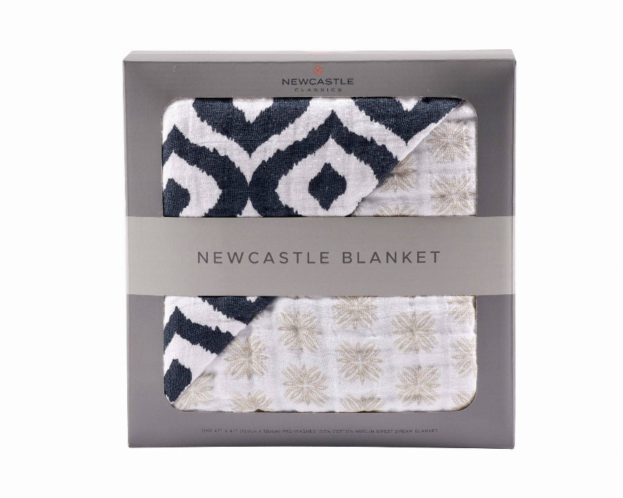 Newcastle blanket in navy and white geometric ikat pattern, reversible cotton muslin
