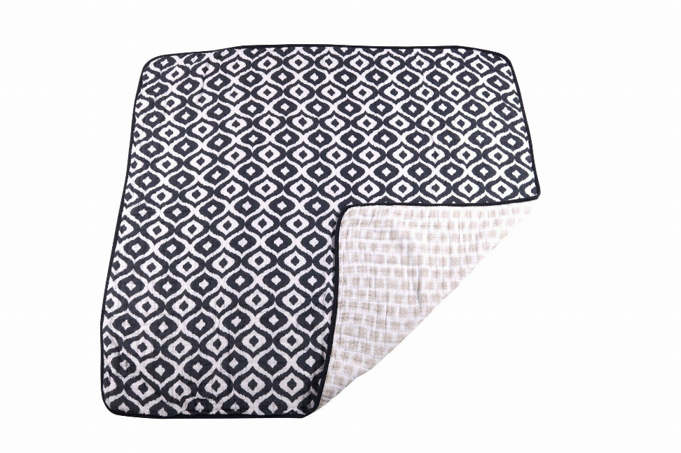 Reversible blanket with navy and white patterned top and light speckled bottom