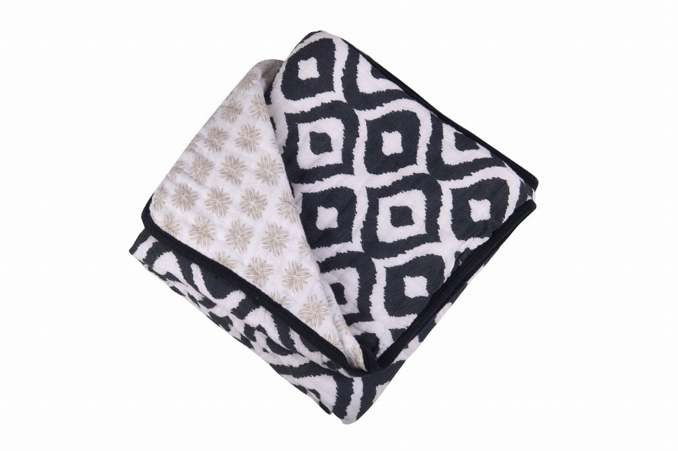 Reversible blanket with navy geometric block pattern and white floral stripe backing