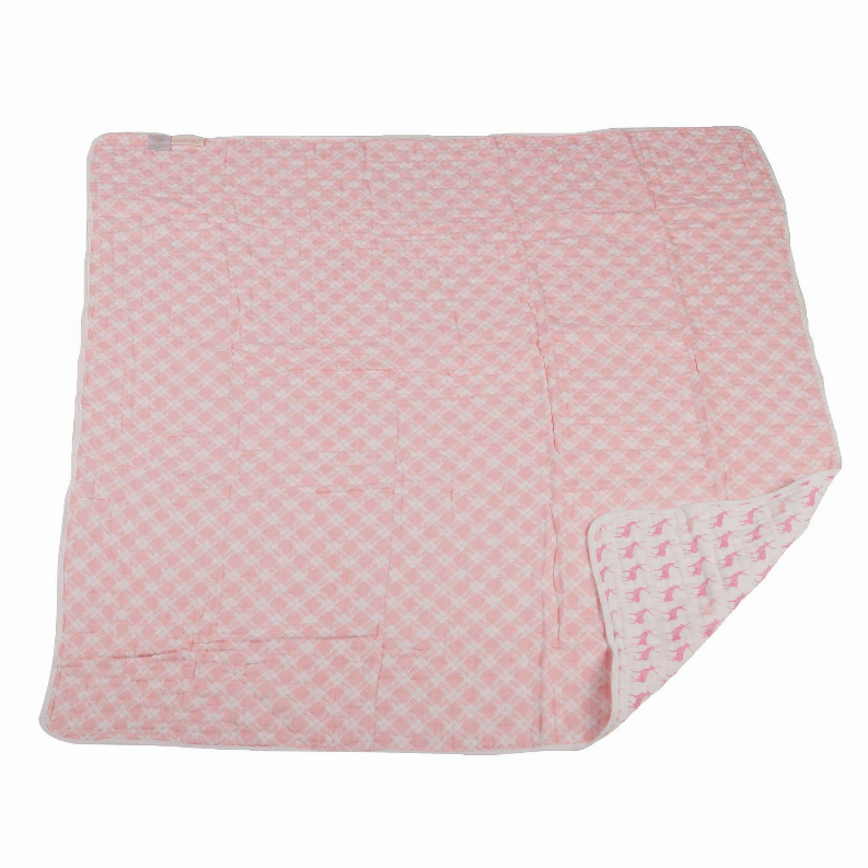 Pink plaid blanket with small deer motif, folded corner shown