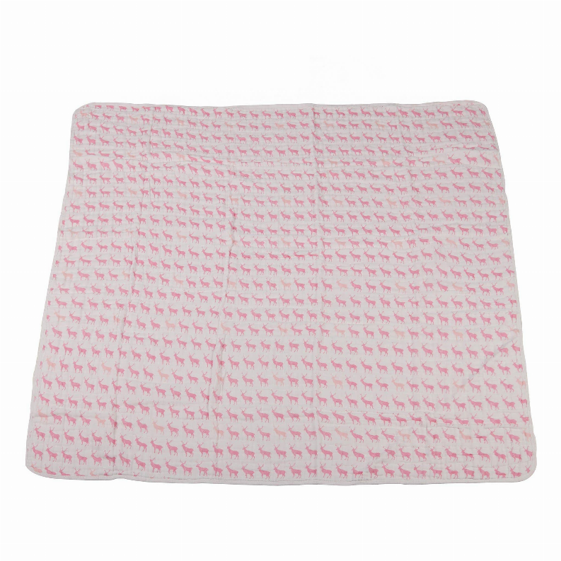 Pink blanket with allover deer silhouette pattern, neatly folded