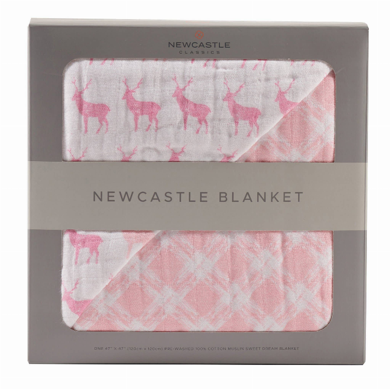 Blanket gift box window showing pink deer and plaid reversible design