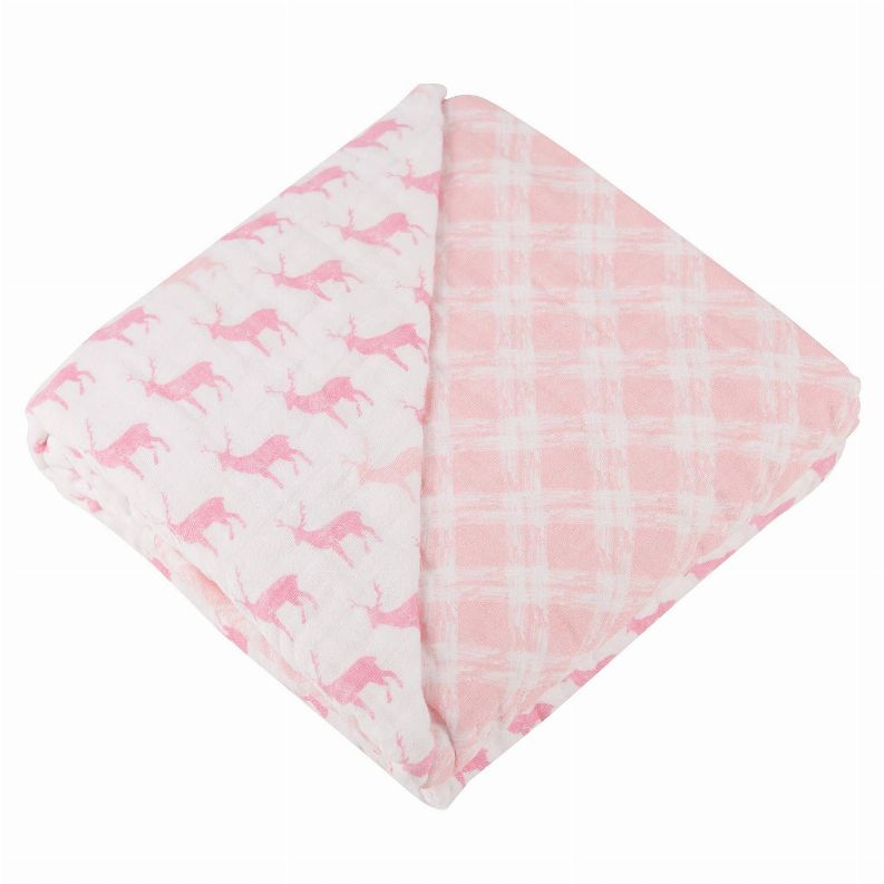 Pink reversible blanket: deer pattern on one side, plaid on the other, folded