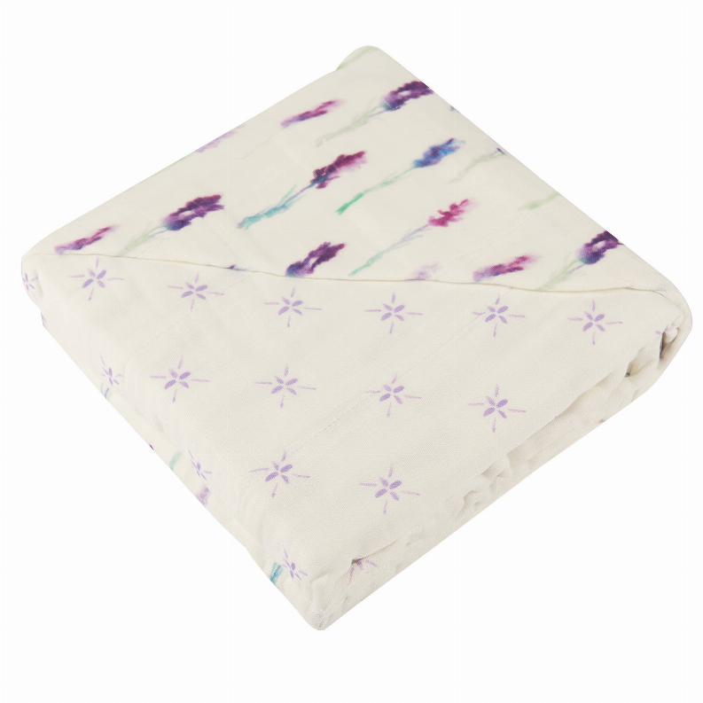 White lavender floral blanket with purple flower and stem motifs, neatly folded