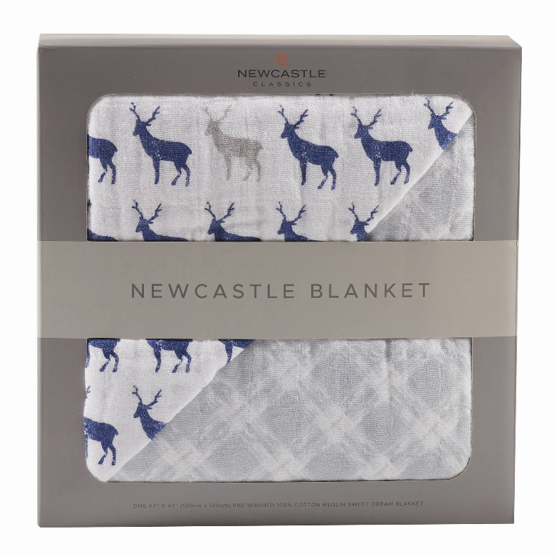 Newcastle blanket with blue deer pattern on light gray fabric, fold detail shown.