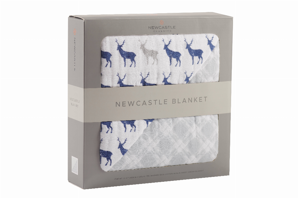 Deer print blanket in light gray with blue silhouettes, boxed package view.