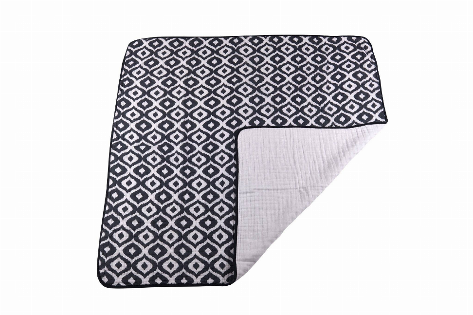 Newcastle blanket with navy geometric print front and light gray muslin reverse