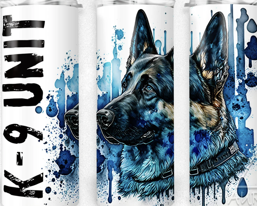 Stainless steel tumbler with blue splatter dog portrait and leash graphic