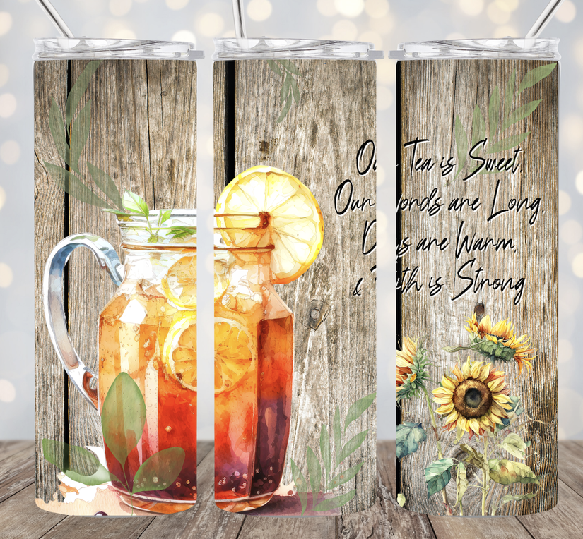 Stainless steel tumbler with clear lid and straw, sunflower and cacti graphic wrap