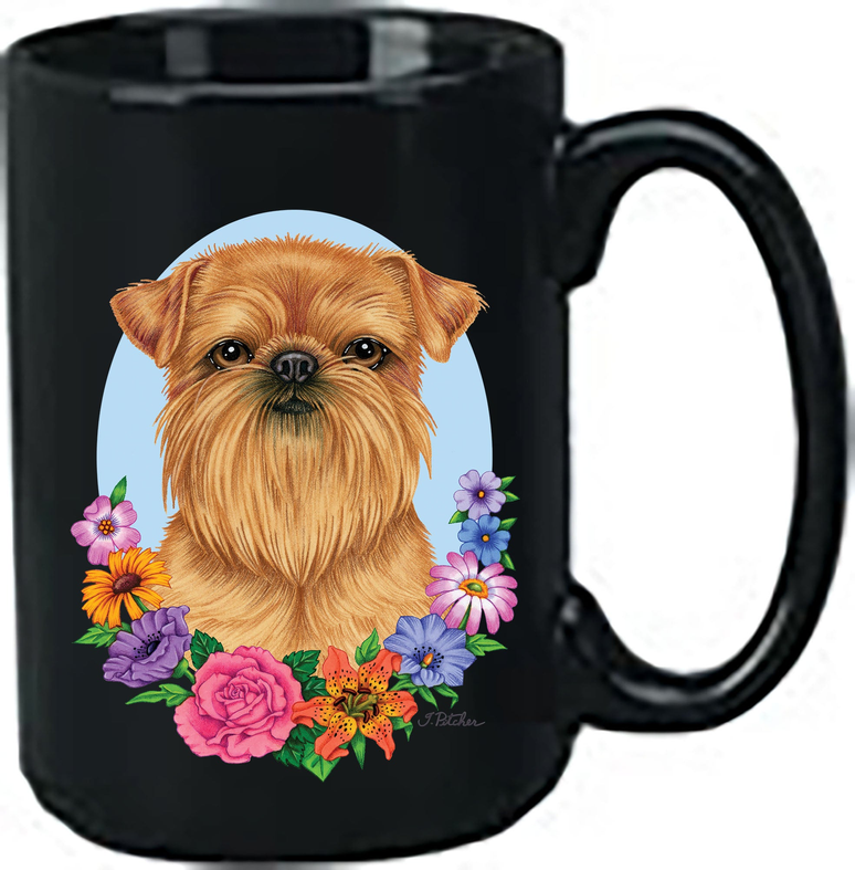 Black ceramic coffee mug with Brussels Griffon dog face and colorful floral print