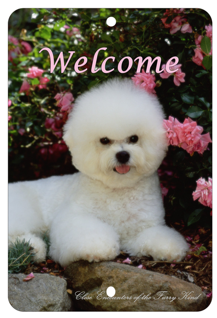 Indoor/outdoor aluminum sign with Bichon Frise photo and “Welcome” text