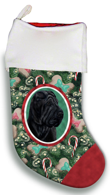 Black dog portrait Christmas stocking with white cuff, red toe, green pine print