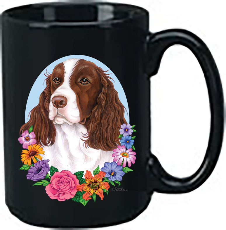 Black ceramic coffee mug with springer spaniel liver-and-white illustration