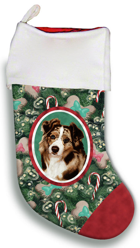 Christmas stocking with red merle Australian Shepherd portrait in a green floral frame