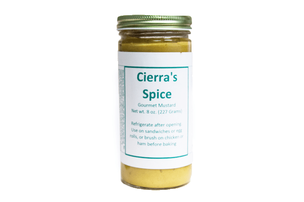 Mustard spice jar with green lid, 8 oz glass container