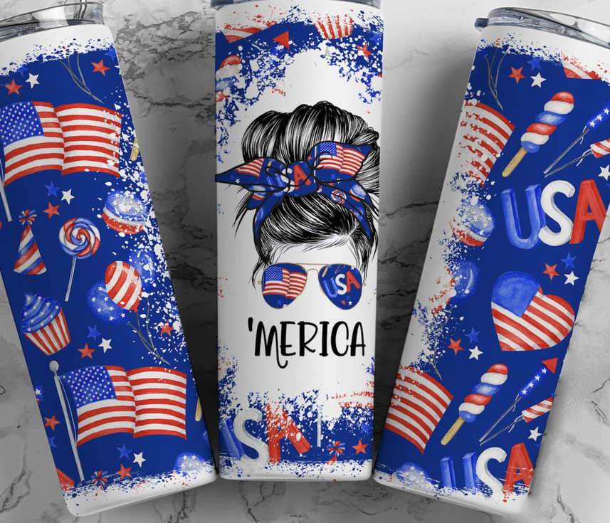 Stainless steel tumbler with blue USA stars and red-white stripes graphic, including “MERICA”