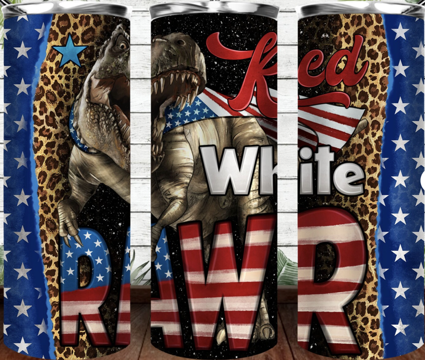 Insulated stainless steel tumbler with American flag stars and bold multicolor lettering