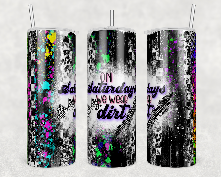 Black stainless steel tumbler with colorful splatter graphics and 'On Saturday we wear' text