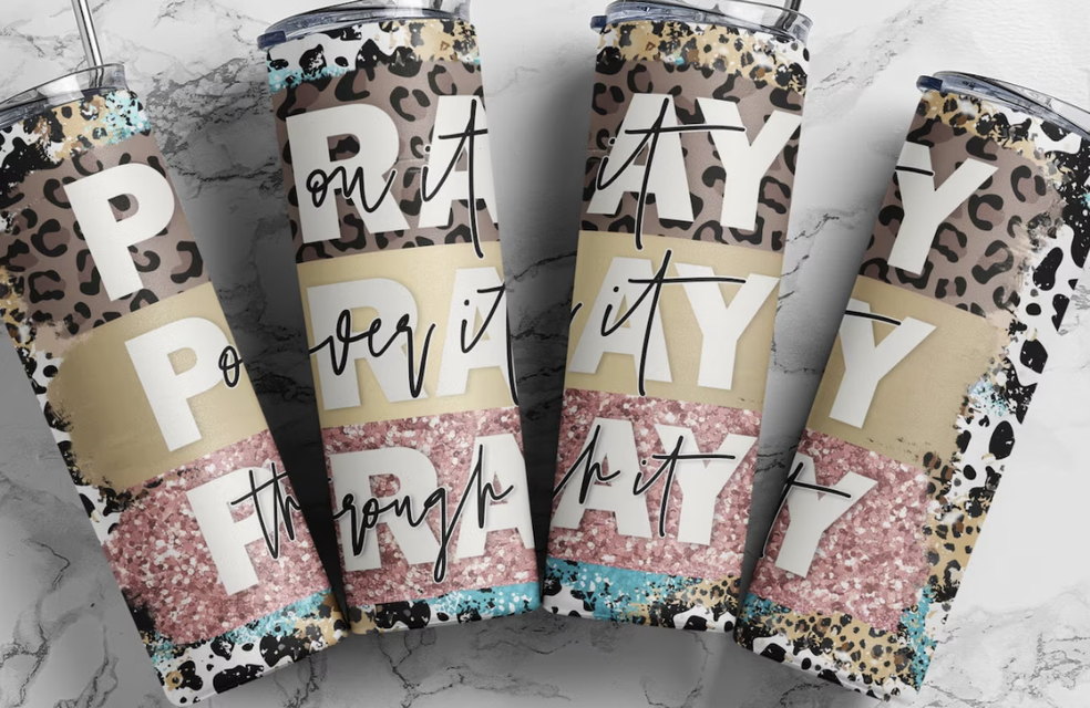 Leopard print stainless steel tumbler with glitter bands and script lettering