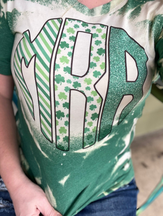 Green bleached graphic monogram tee with clover and striped letter print