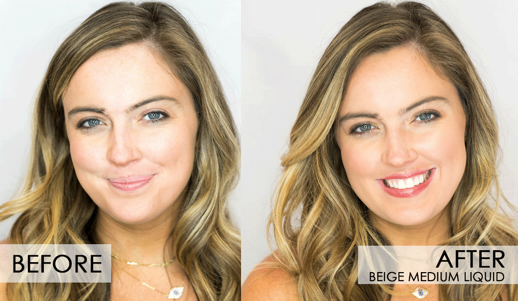 Fixed Liquid Foundation before-and-after on woman’s face, natural-looking smoother complexion