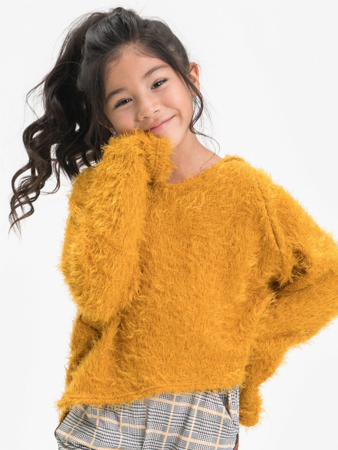 Mustard shaggy hoodie front view, soft fuzzy fabric and roomy hood