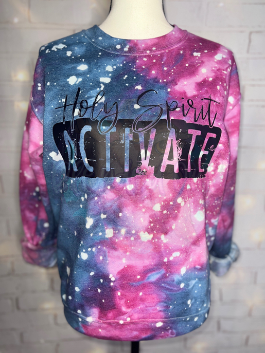 Galaxy tie-dye sweatshirt, dark blue and pink, long sleeves, crew neck, “HOLY SPIRIT” print