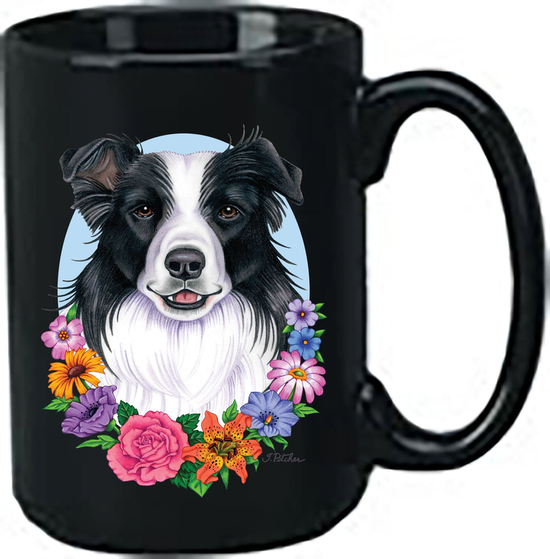 Black ceramic coffee mug with Border Collie face and colorful floral wreath