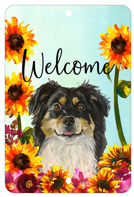 Aluminum Welcome sign with Border Collie portrait and colorful sunflowers