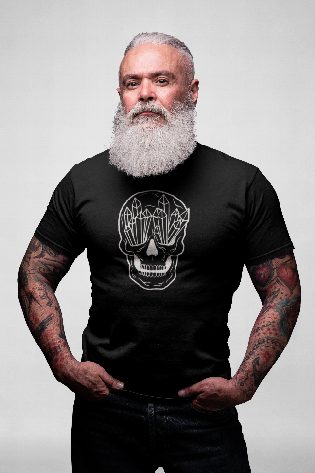 Black crew-neck T-shirt with white skull graphic and tattooed arms