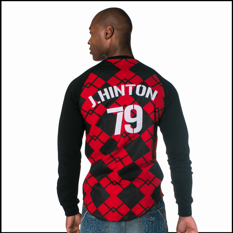 Black and red diamond grid sweatshirt with back print "JHINGTON" and "19"