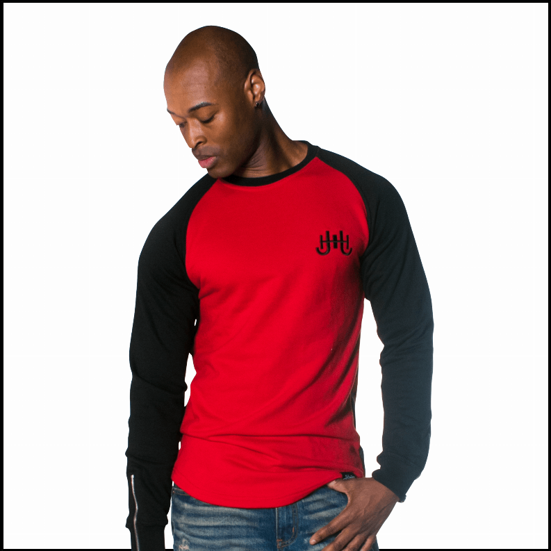 Printed raglan sweatshirt, red front with black sleeves and small chest graphic