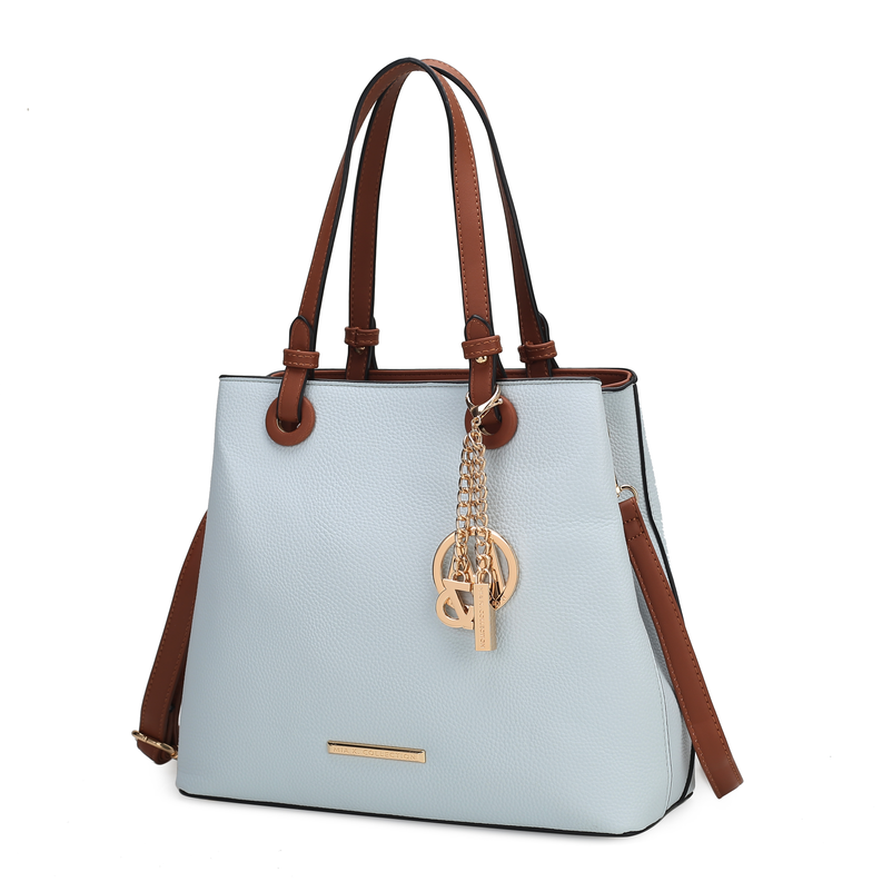 Light blue tote bag with brown handles and gold lock charm