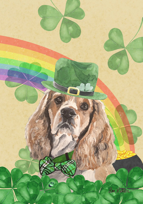 St. Patrick's Day house flag with a cocker spaniel wearing a green leprechaun hat
