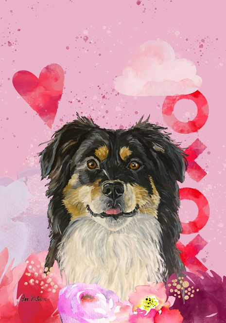 Valentine house flag featuring a Border Collie portrait with hearts and flowers