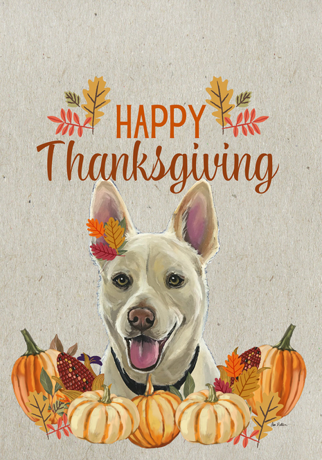 Thanksgiving house flag with white German Shepherd, pumpkins, and Happy Thanksgiving text