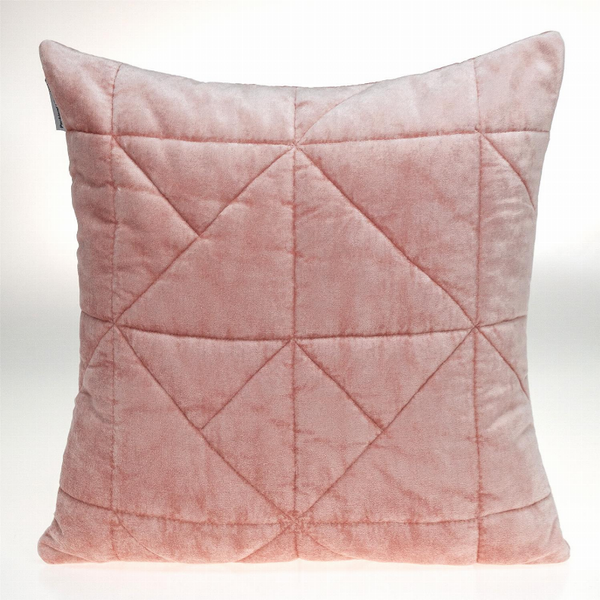 Pink quilted throw pillow with diamond stitch lines and piped edges, square