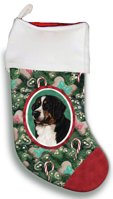 Christmas stocking with Bernese mountain dog portrait, green floral fabric, red toe