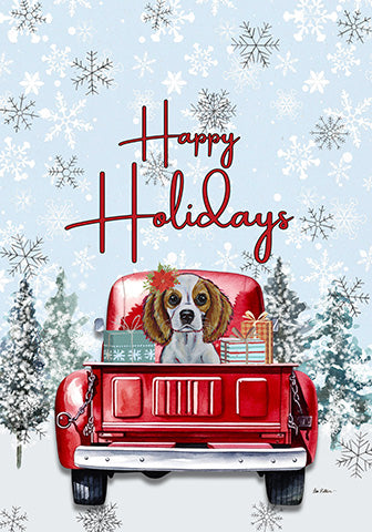 Happy Holidays garden flag with tricolor dog in red truck holding gifts