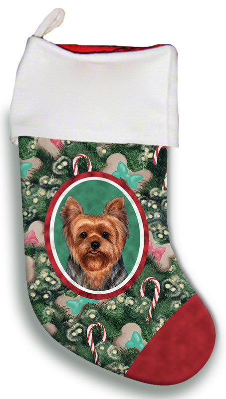 Dog-themed Christmas stocking with Yorkie portrait patch and green holiday pattern cuff