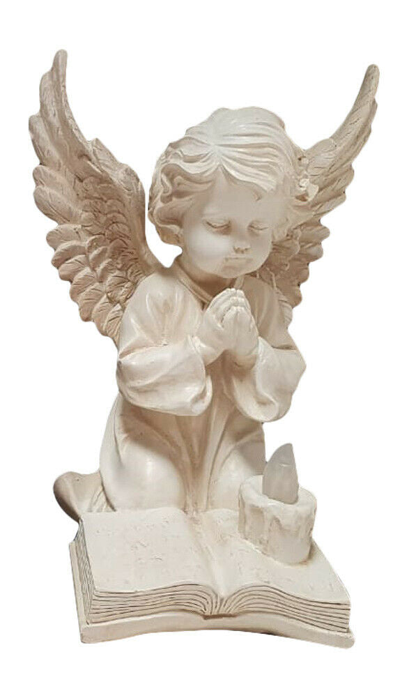 Praying angel figurine holding an open book, light beige stone finish