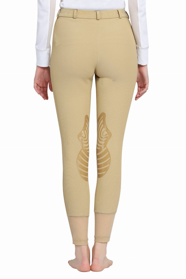 Tan riding breeches with rear seams and ribbed knee panels.